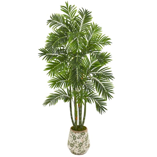 6ft. Areca Palm Tree in Vintage Green Floral Planter